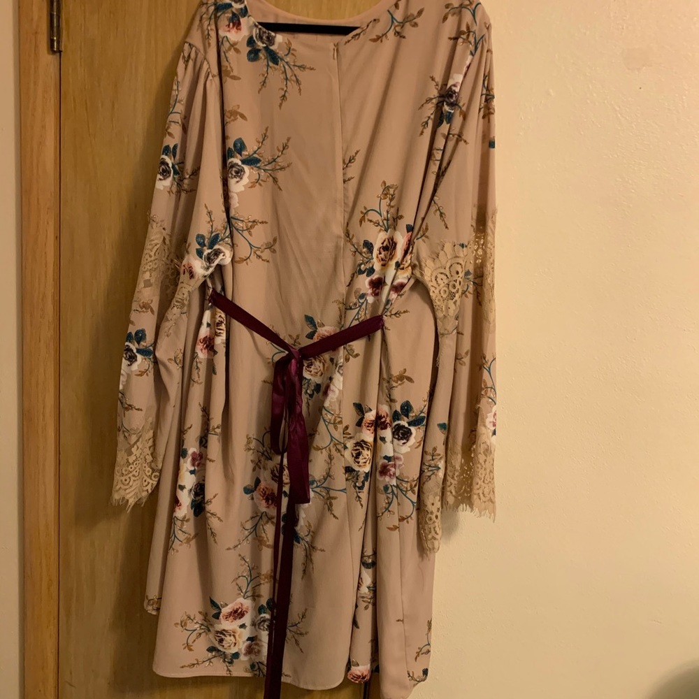 Tan Floral Dress with Lace Bell Sleeve and Ribbon